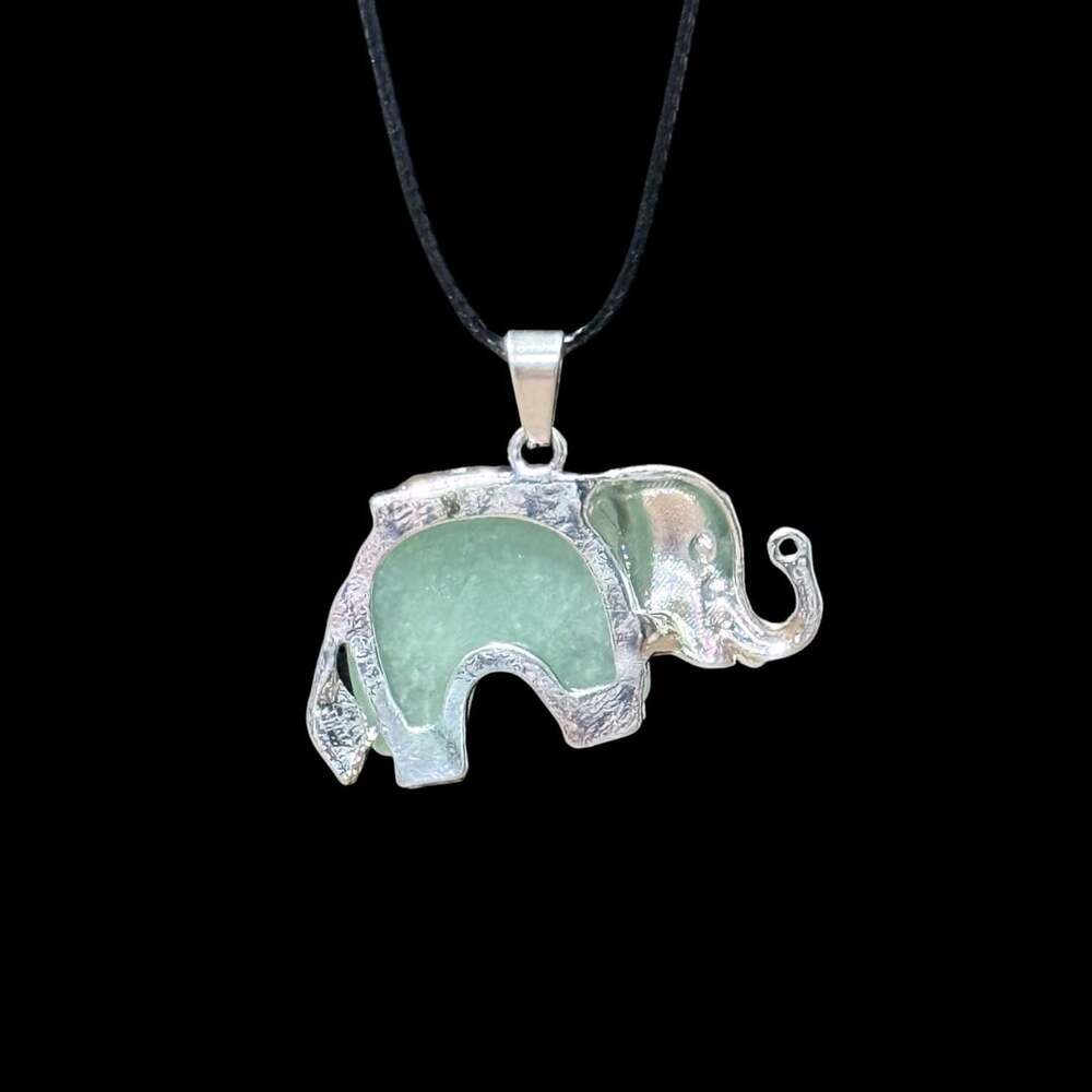Green Aventurine Traveling Elephant Pendant Black Cord Necklace - Picture 2 of 4